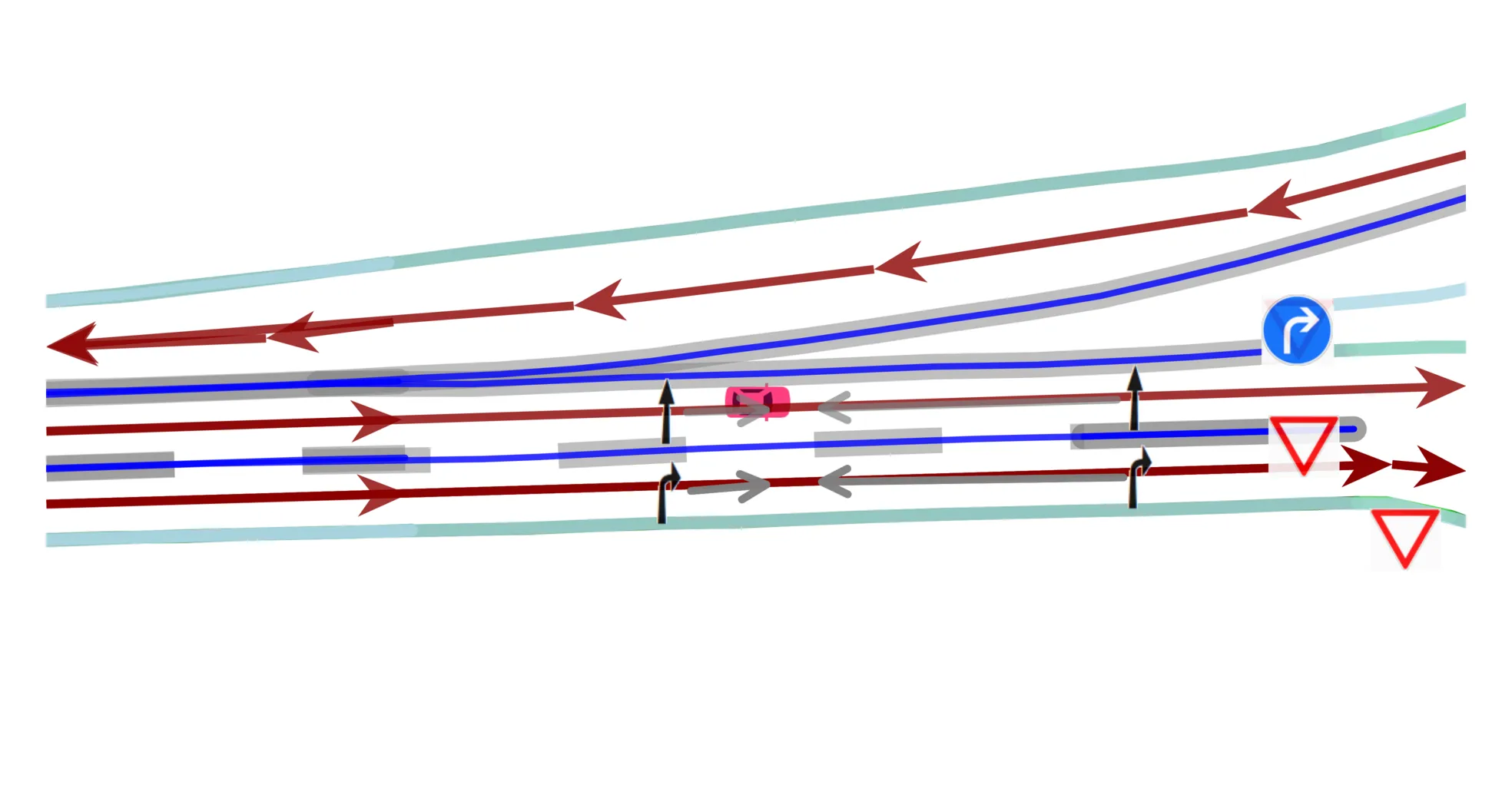 Relational HD map ground truth — scene 1: lane topology graph with traffic signs and lights